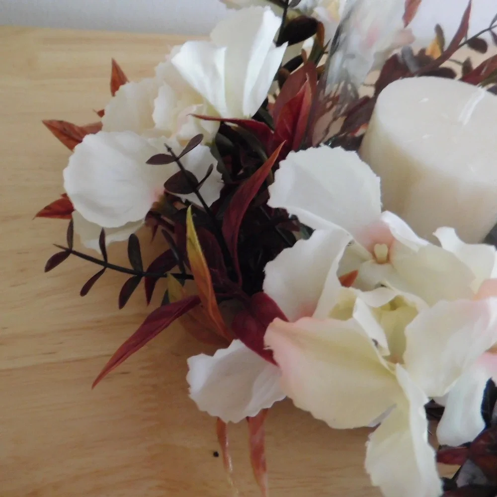 Mini Fall Candle Ring, Grapevine Wreath, Burgundy Leaves, Dried Look Hydrangeas